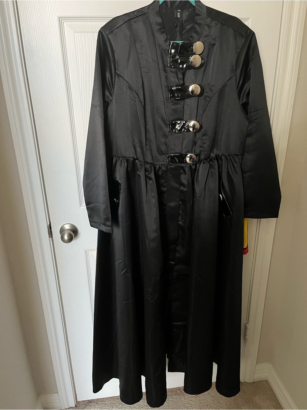 Classic Black Long-Sleeve Coat Dress with Gloss Button Accents